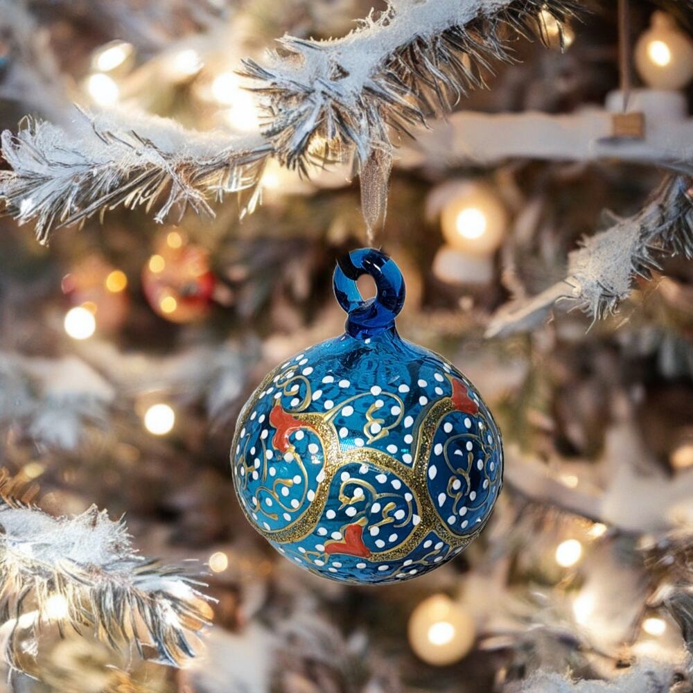 Blue Blown Glass Christmas Ornament Hand Painted